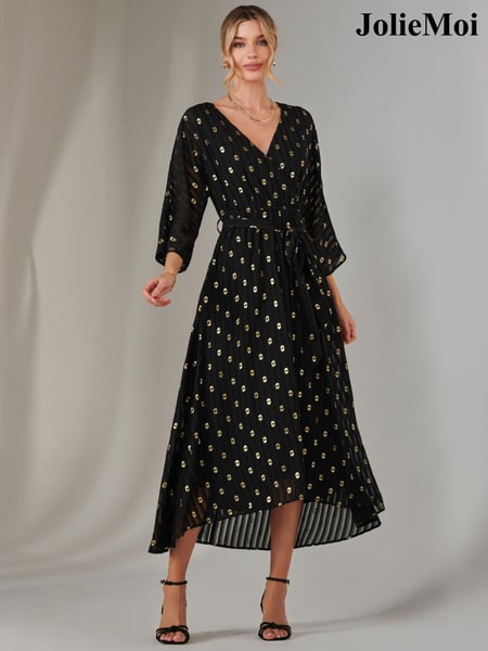 Jolie Moi Black Plain Gold Spot Chiffon Dress (F07228) | € 117