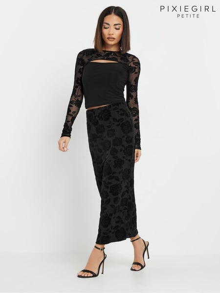 PixieGirl Petite Black Velevet Rose Detailed Skirt (F07251) | € 48