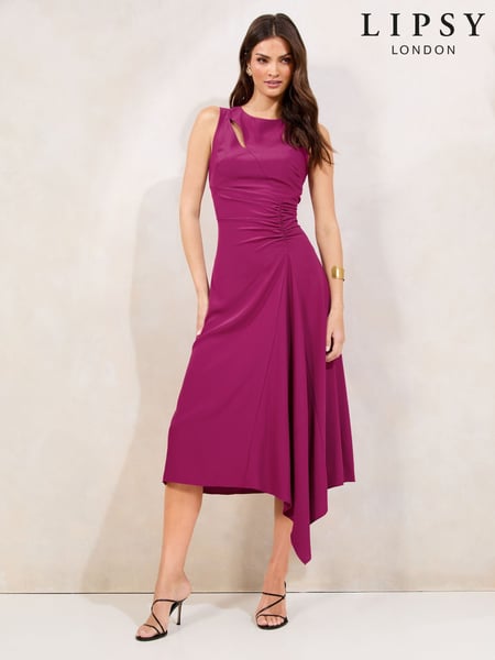 Lipsy Pink Sleeveless Ruched Front Asymmetrical Midi Dress (F07532) | € 137