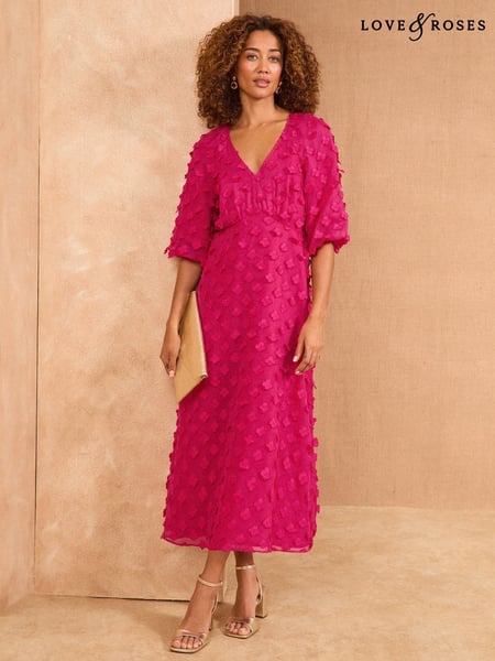 Love & Roses Pink 3D Floral V-Neck Puff Sleeve Midi Dress (F09189) | € 108