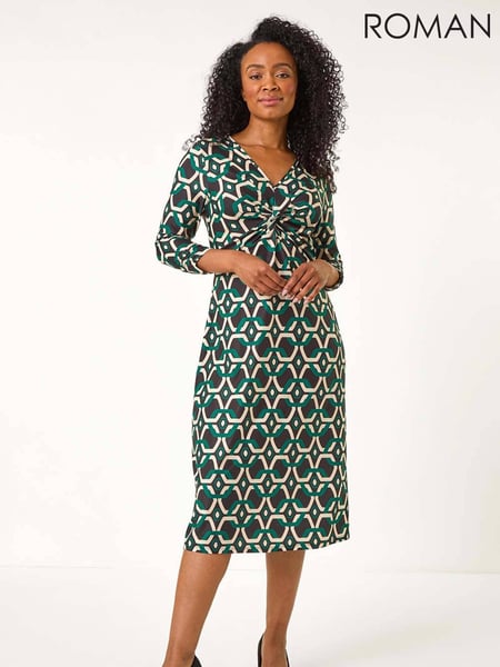 Roman Green Petite Geometric Twist Midi Dress (F09745) | € 78