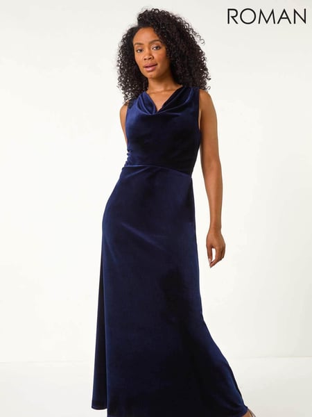 Roman Blue Petite Cowl Neck Velvet Maxi Dress (F09752) | € 106