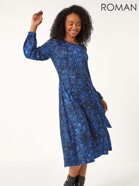 Roman Blue Petite Abstract Paisley Print Midi Dress (F09758) | € 75