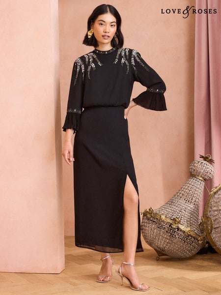 Love & Roses Black Embellished Flute Sleeve Midi Dress (F11942) | € 61