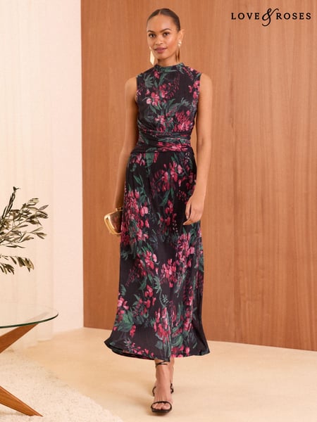 Love & Roses Black Plisse Jersey Wrap Front Sleeveless Midi Dress (F11948) | € 47