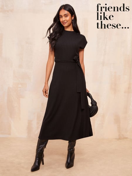 Friends Like These Black Button Shoulder Rib Midi Dress With Tie Belt Detailing (F12002) | € 35