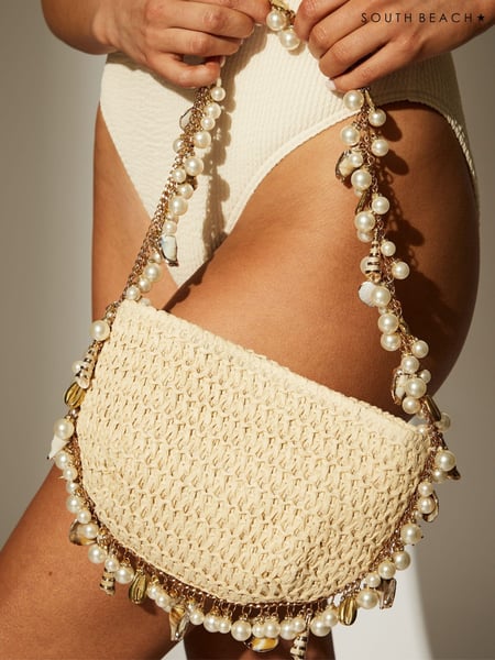 South Beach Brown Straw Shoulder Bag With Pearl and Shell Embellishment (F13782) | € 75