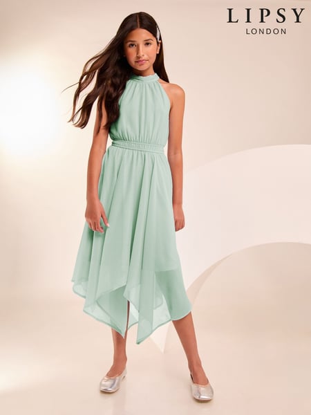 Lipsy Mint Green Hanky Hem Halter Occasion Dress (7-16yrs) (F14808) | € 61 - € 73