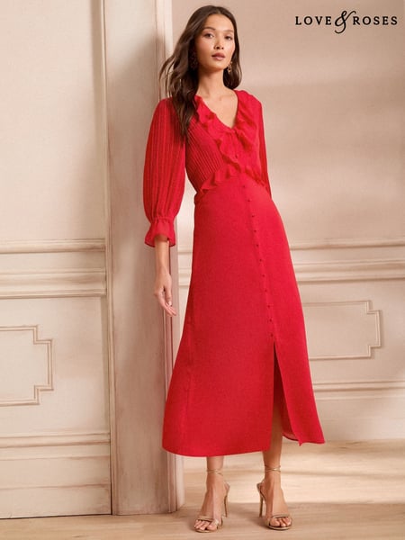 Love & Roses Red Pleated Ruffle Midi Dress (F15386) | € 108