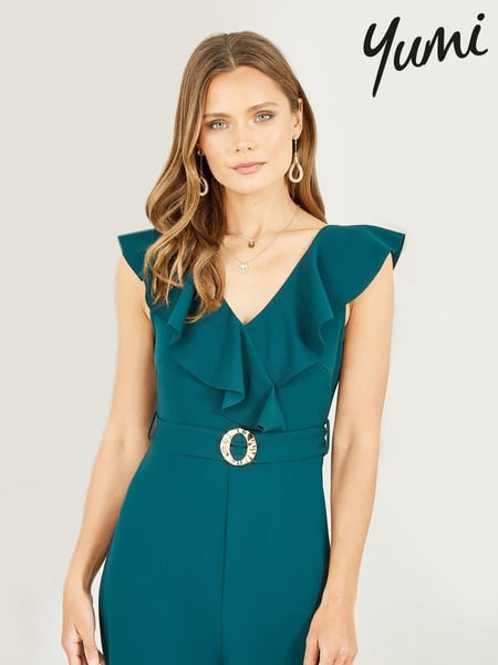 Yumi Green Jumpsuit With Gold Buckle and Frill Detail (F17277) | € 86