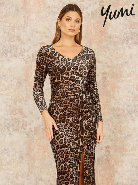 Yumi Brown Velvet Leopard Print Fitted Midi Dress (F17281) | € 109