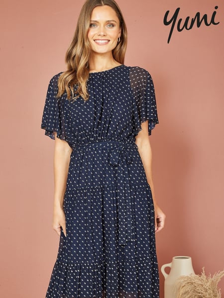 Yumi Blue Dot Print Mesh Stretch Midi Skater Dress (F17291) | € 78