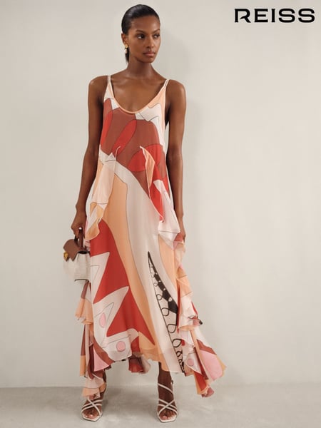 Reiss Cream/Red Sasha Petite Printed Ruffle Trim Maxi Dress (F18082) | € 515