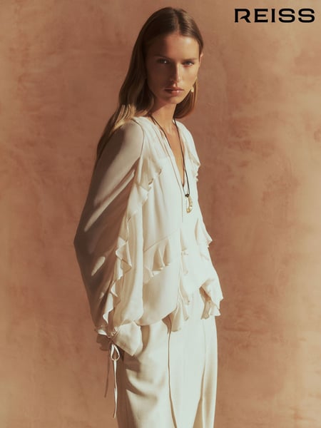 Reiss Pale Pink Zaria Ruffle Trim Tie Neck Top (F18110) | € 231