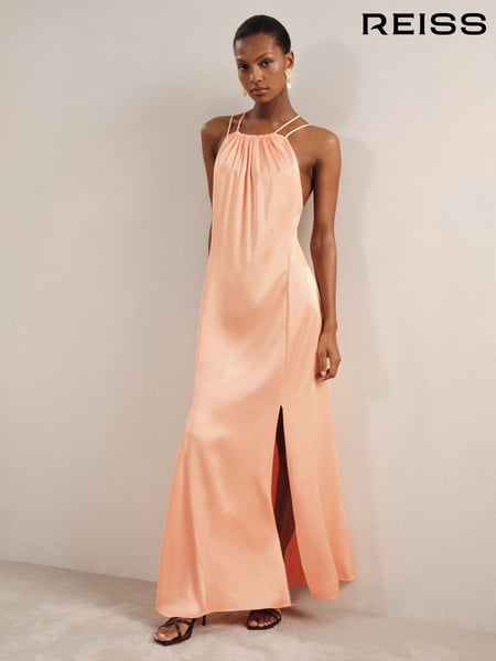 Reiss Peach Tallie Petite Satin Halterneck Maxi Dress (F18144) | € 281