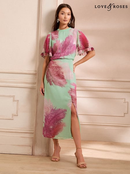 Love & Roses Green Feather Sequin Angel Sleeve Midi Dress (F18292) | € 119