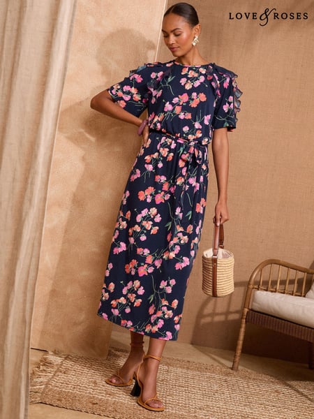 Love & Roses Navy Floral Jersey Ruffle Belted Midi Dress (F18294) | € 87