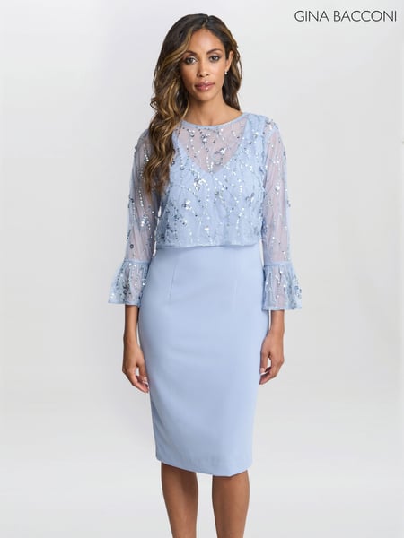 Gina Bacconi Blue Pippa Beaded Jacket With Fluted 3/4 Sleeve And Crepe Shift Dress (F19310) | € 437