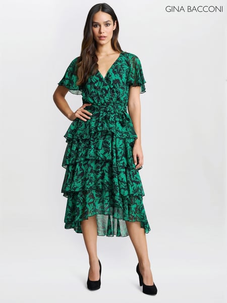 Gina Bacconi Green Lottie Elastic Waist Tiered Dress (F19512) | € 125
