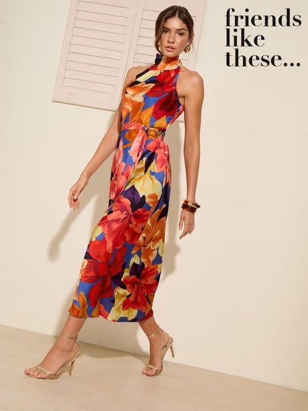 Friends Like These Red/Blue Floral Print Tie Halter Neck Satin Midi Dress (F20072) | € 62