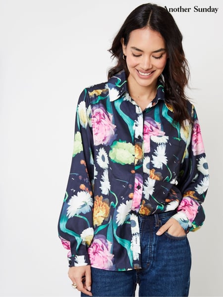 Another Sunday Blue Satin Twill Floral Print Shirt (F20095) | € 24
