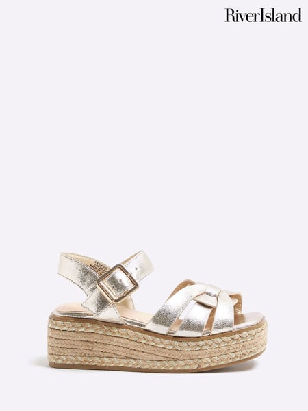 River Island Gold Girls Faux Leather Weave Wedge Sandals (F20557) | € 41