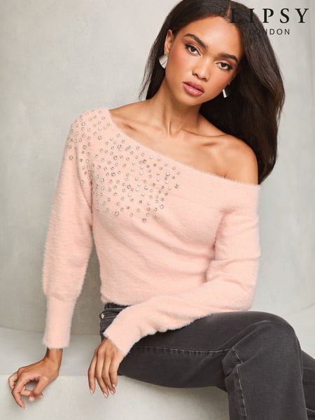 Lipsy Pink Diamonte Placement Bardot Knitted Jumper (F20698) | € 37