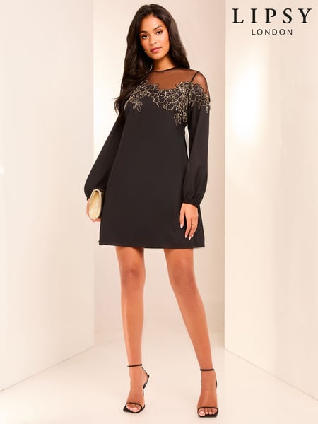 Lipsy Black Long Sleeve Hand Embellished Artwork Mini Shift Dress (F20700) | € 128