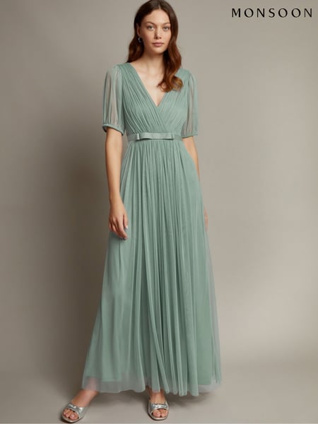 Monsoon Green Ellie Sheer Sleeve Plunge Tulle Maxi Dress (F22752) | € 195