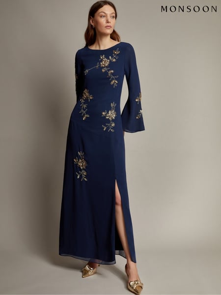 Monsoon Blue Sarah Flute Sleeve Floral Sequin Maxi Dress (F22755) | € 234