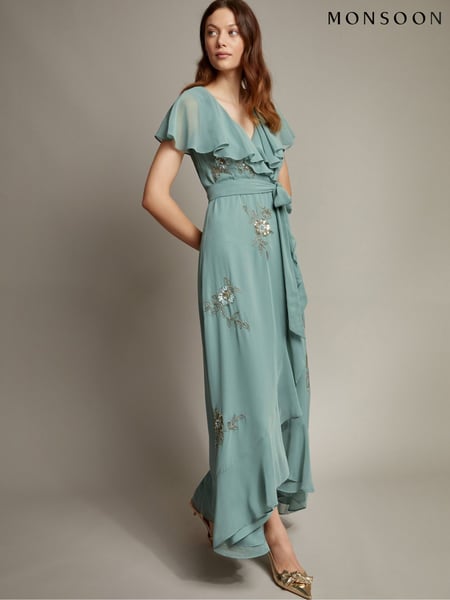 Monsoon Green Ausha Floral Embellished Maxi Wrap Dress (F22766) | € 234