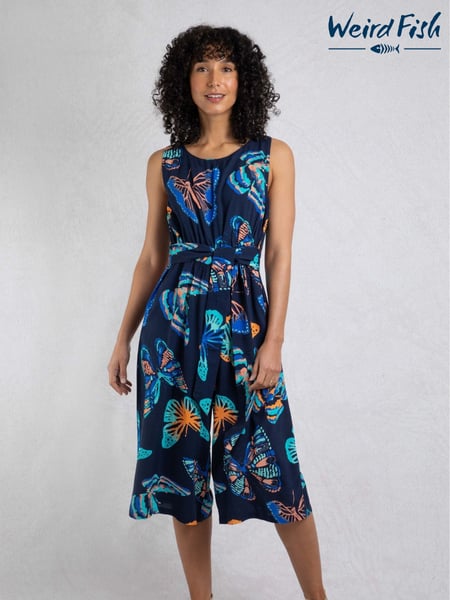 Weird Fish Navy Blue Nalani Viscose Printed Jumpsuit (F27745) | € 94