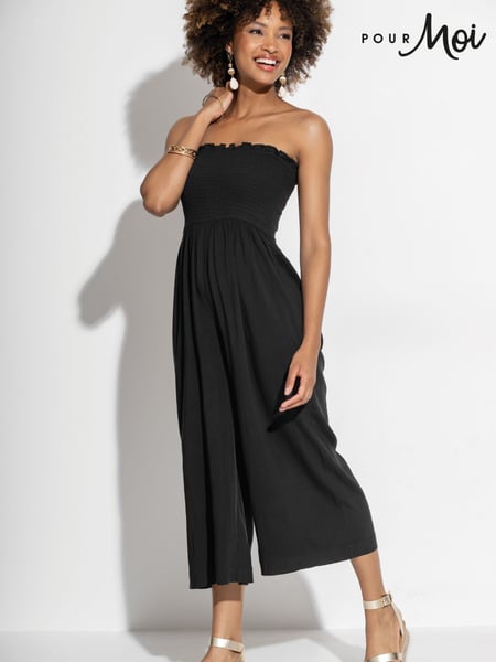Pour Moi Dark Black Strapless Shirred Bodice Crop Leg Beach Jumpsuit (F28131) | € 66