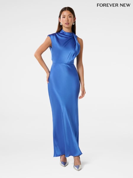 Forever New Blue Sienna High Neck Satin Maxi Dress (F29668) | € 187