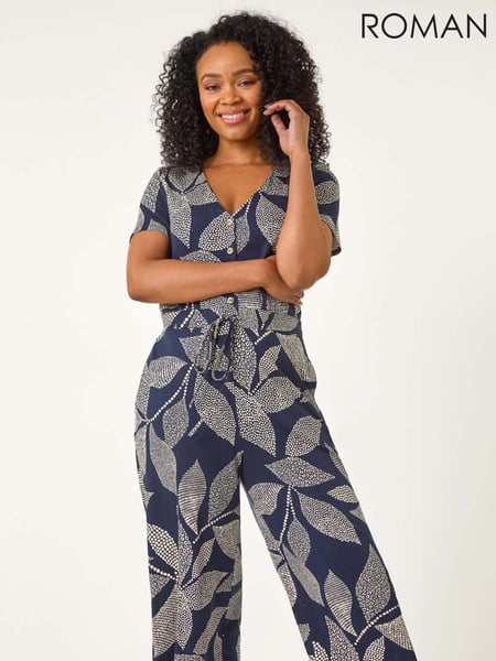Roman Blue Petite Leaf Print Stretch Jumpsuit (F29839) | € 78