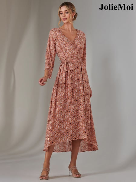 Jolie Moi Orange Gold Spot Printed Chiffon Maxi Dress (F31377) | € 117