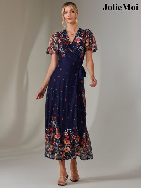 Jolie Moi Blue Mirror Print Mesh Wrap Maxi Dress (F31525) | € 133