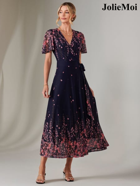 Jolie Moi Blue Mirror Print Mesh Wrap Maxi Dress (F31528) | € 133