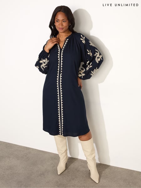 Live Unlimited Blue Embroidered Sleeve Tie Neck Dress (F32150) | € 154
