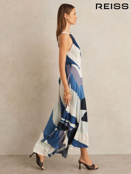 Reiss Blue Imogen Stripe Print V-Back Midi Dress (F32817) | € 421