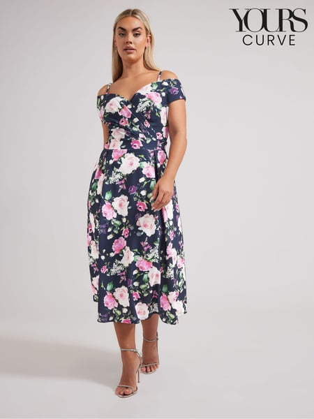 Yours Curve Blue London Floral Cold Shoulder Bardot Dress (F33559) | € 94