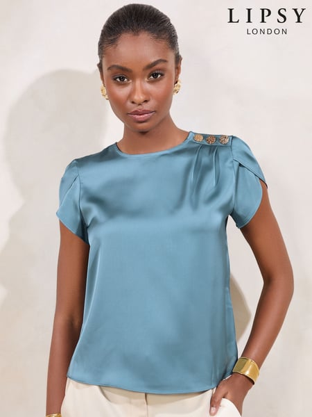 Lipsy Blue Petite Tulip Sleeve Round Neck Button Detail Satin Top (F33766) | € 47
