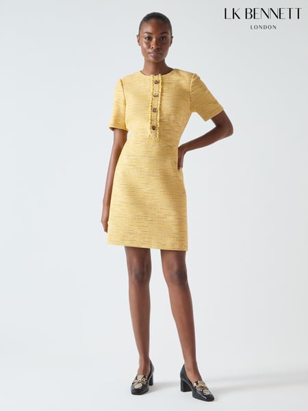 LK Bennett Yellow Varley Cotton Blend Tweed Mini Dress With Button Detail (F34345) | € 544