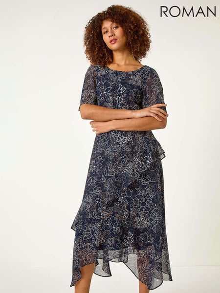 Roman Blue Floral Print Spot Frill Midi Dress (F34404) | € 109