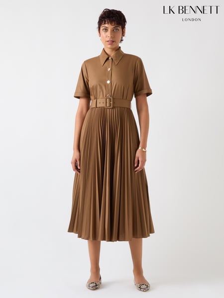 LK Bennett Brown Cally Mocha Pleated Cotton Shirt Dress (F34706) | € 388
