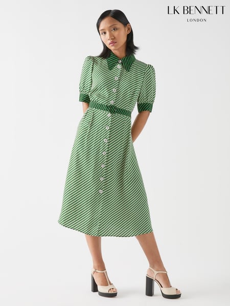 LK Bennett Green Petite Val Petite Treetop Birch Viscose Printed Viscose Shirt Dress With Belt (F34719) | € 466