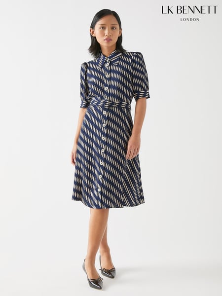 LK Bennett Blue Petite Valerie Spring Birch Viscose Printed Viscose Shirt Dress With Belt (F34737) | € 466