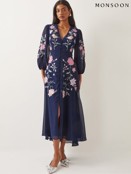 Monsoon Blue Emani Floral Embroidered Midi Tea Dress (F35272) | € 250