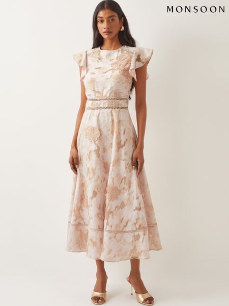 Monsoon Pink Josie Flutter Sleeve Floral Jacquard Midi Dress (F35286) | € 234