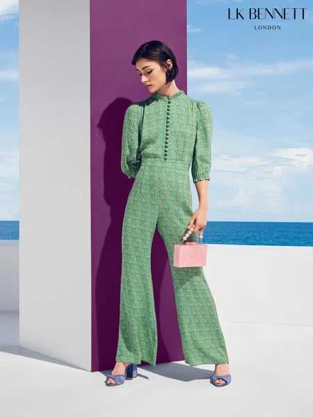 LK Bennett Green Naomi Jelly Bean & Italian Straw Viscose Swirl Print Crepe Jumpsuit (F35485) | € 544